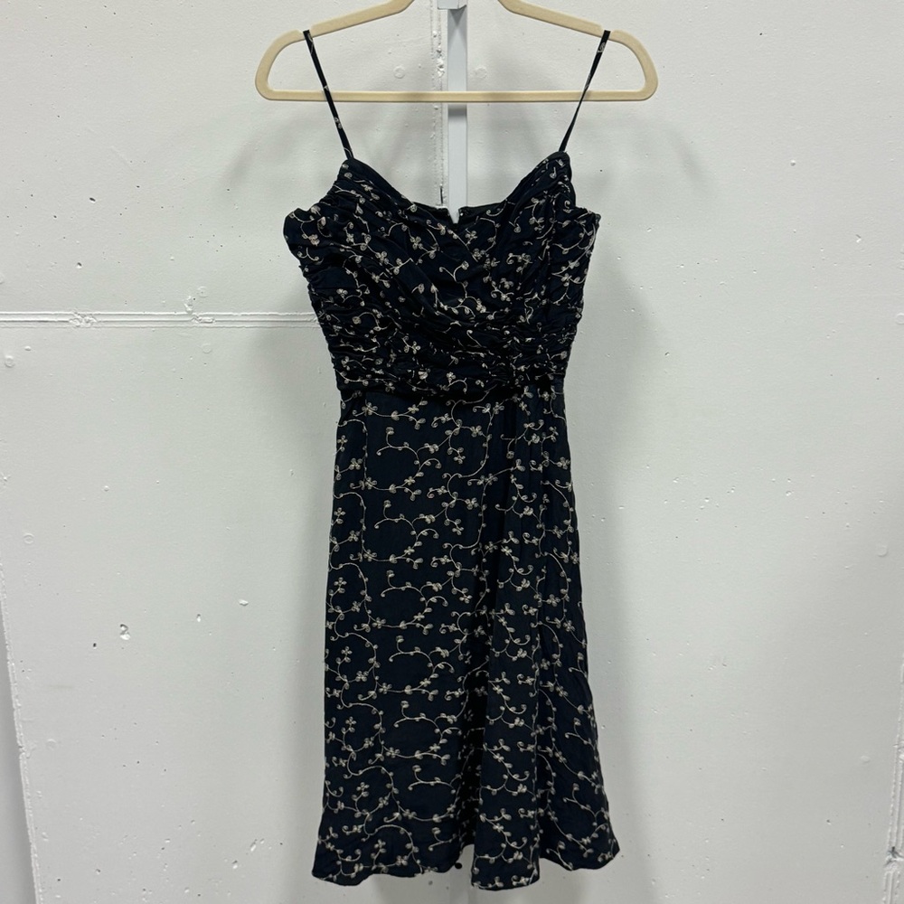 Y2K Betsey Johnson Silk Embroidered Ruched Sleeveless Knee Length Dress Charcoal